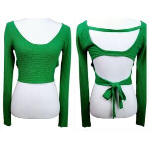 Superdown SZ M Kelly Green Ribbed Long Sleeve Sweater With Open Tie Back